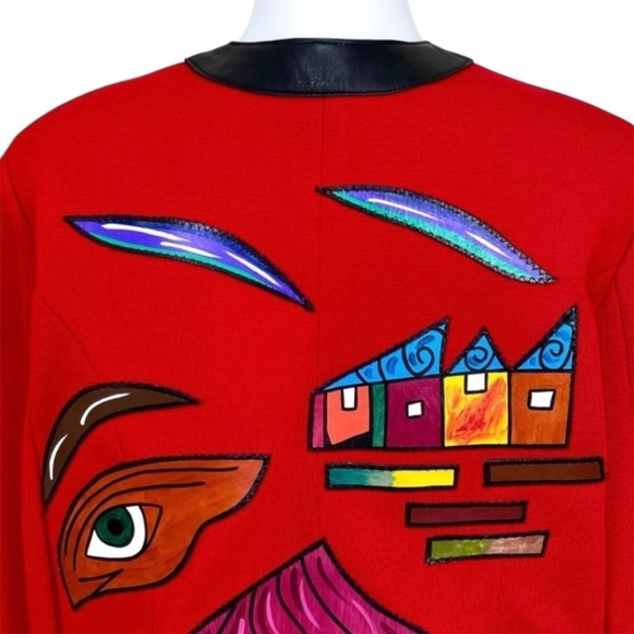 Pikamo Vintage 90s Statement Jacket Art To Wear Leather Trim Wool Blend Red XL - Picture 6 of 8